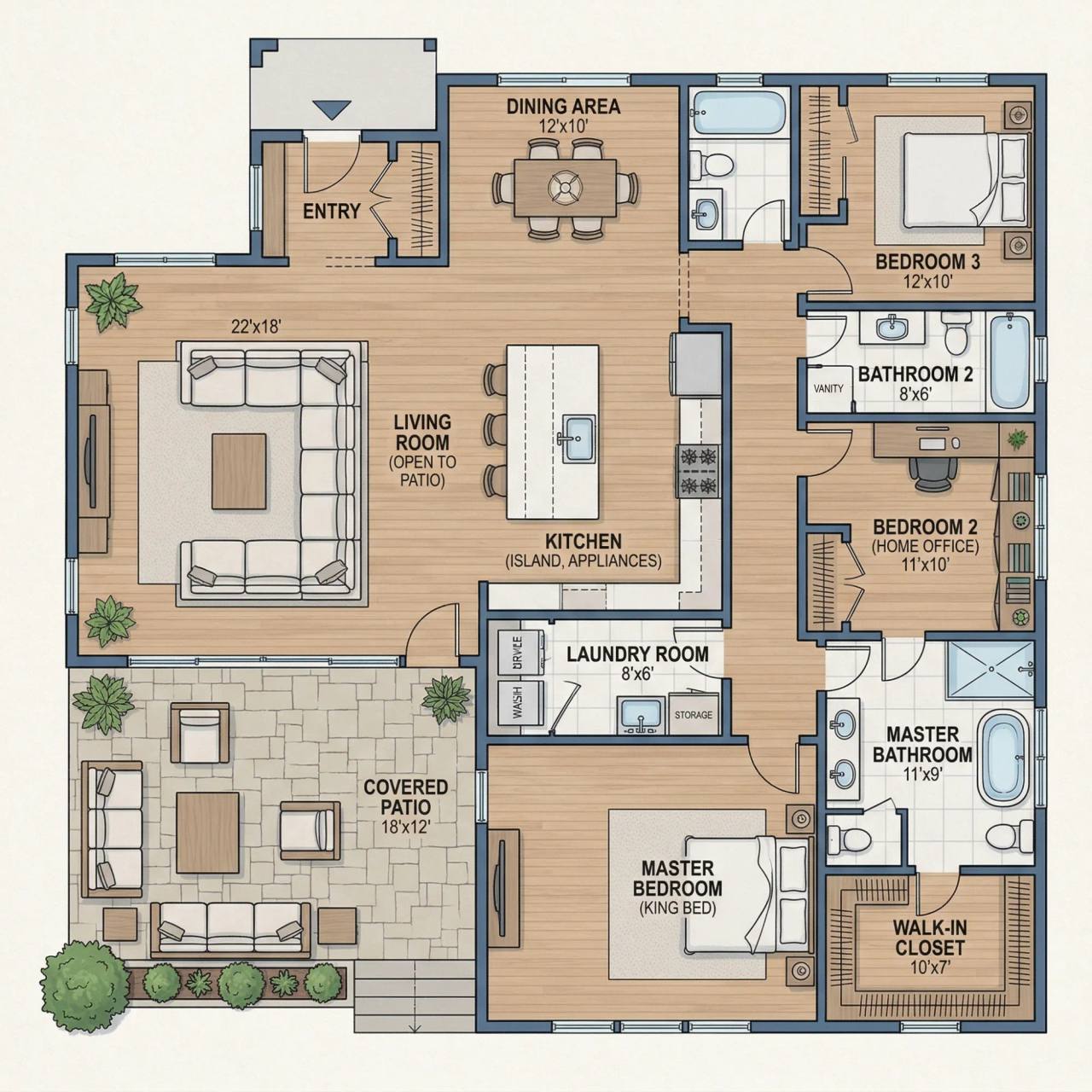 Original plan showing living room, kitchen, dining, three bedrooms, three bathrooms, laundry and covered patio